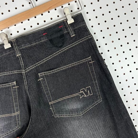 Mecca Gothic Black Jean Shorts 38 Skater Wide Leg Baggy Patch SOUTHPOLE STYLE - Picture 3 of 7